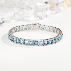 Natural Swiss Blue Topaz Bracelet, 18k White Gold Plated, About 29.8ct (5mm)Topaz,Tennis Topaz Bracelet,Statement Bracelet Gift For Her
