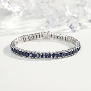 Natural Sapphire Bracelet, 18K white gold plated, About 17.6ct Oval  Sapphire, Tennis Sapphire Bracelet,Gift For Her Bracelet For Women