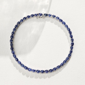 Natural Sapphire Bracelet, 18k White Gold Plated,Oval 3*4mm Cabochon Sapphire,Tennis Sapphire Bracelet,Gift For Her For Women