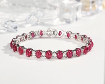 Bransoletka damska z rubinami, platerowana 18-karatowym białym złotem, kaboszon z rubinu i topazu o masie ok. 34,1 ct, elegancka bransoletka, prezent dla niej, bransoletka tenisowa z rubinami