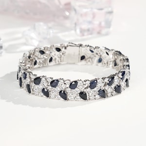 Natural Sapphire Bracelet, 18k White Gold Plated, Women Sapphire Bracelet, Gift For Her Bracelet For Women ,Tennis Sapphire Bracelet