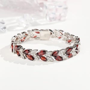 Women Garnet Bracelet,Natural Garnet Bracelet,18k White Gold Plated, Tennis Garnet Bracelet,Gift For Her,Personalized Gift For Mother