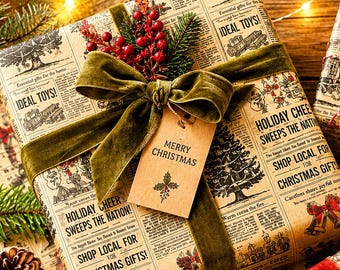 Vintage Newspaper Christmas Tree Wrapping Paper | Holiday Print