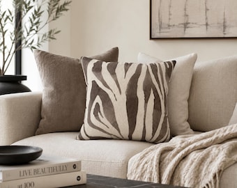 Square Zebra Print Faux Suede Pillow, Modern Animal Decor, Chic Living Room Accent