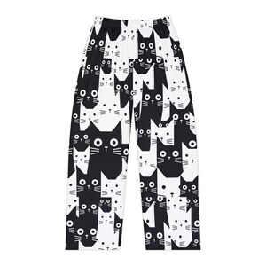 Svarta och vita kattpyjamasbyxor | Roliga katttryckta loungekläder bild 2