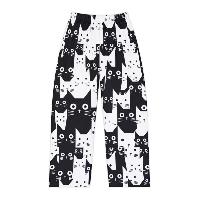 Svarta och vita kattpyjamasbyxor | Roliga katttryckta loungekläder bild 2