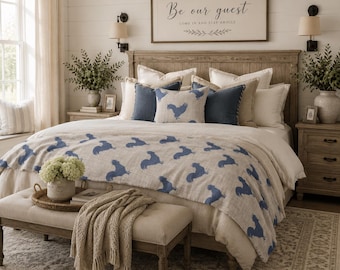 Blue Rooster Throw Blanket | Farmhouse Cottagecore Lightweight Bedding