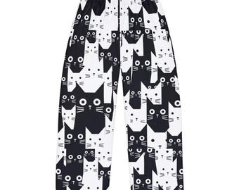 Men's Black and White Cat Pattern Pajama Pants | All-Over Print Lounge Trousers