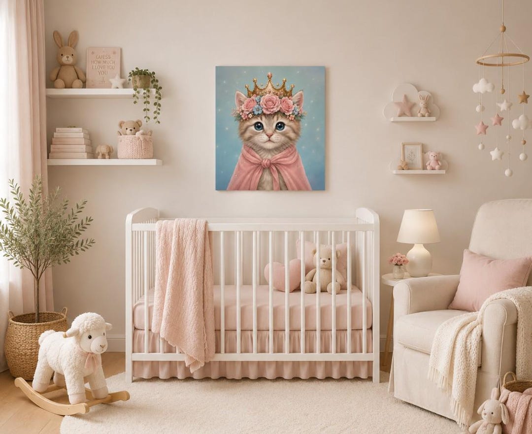 Princess Kitten Nursery Art, Whimsical Fairytale Cat Print, Baby Girl ...