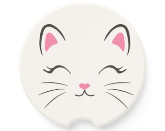 Posavasos de esteatita con forma de cara de gato adorable / Inserto para portavasos de coche con diseño de gatito kawaii