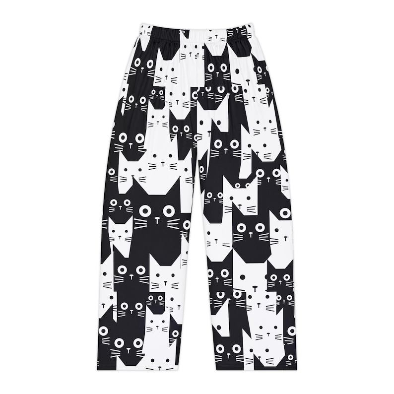 Svarta och vita kattpyjamasbyxor | Roliga katttryckta loungekläder bild 8