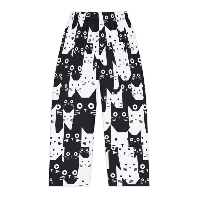 Svarta och vita kattpyjamasbyxor | Roliga katttryckta loungekläder bild 3