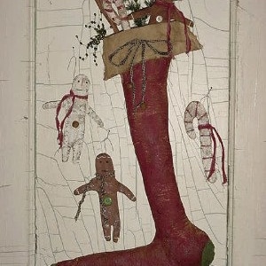 May include: A rustic Christmas stocking in burgundy with a green toe and heel, filled with gingerbread men and candy canes. Additional gingerbread men and a candy cane are attached. The background is a white, cracked surface.