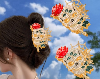 Pinza para el cabello con forma de calavera gótica y rosa / Accesorio para el cabello de Halloween con diamantes de imitación / Regalo para el cabello con cristales