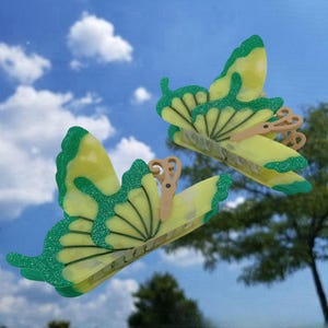 May include: Two yellow butterfly hair clips with green glitter accents. The clips are made of plastic and have a textured surface.