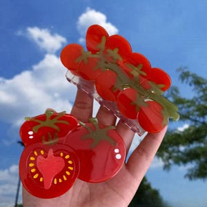 May include: Two red tomato-shaped hair clips. One clip is a single tomato with a slice cut out of it. The other clip is a cluster of tomatoes on a vine.