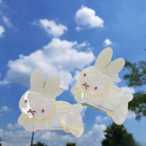 May include: Two white iridescent bunny hair clips with gold trim and pink accents. The bunny clips are against a blue sky background.