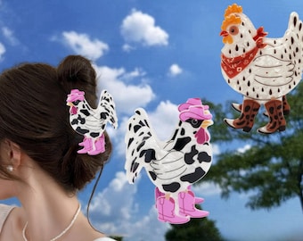 Cowgirl Chicken Hair Claw Clip | Western Rooster Accessory | Cowboy Boot | Gift for Farm Animal Lovers