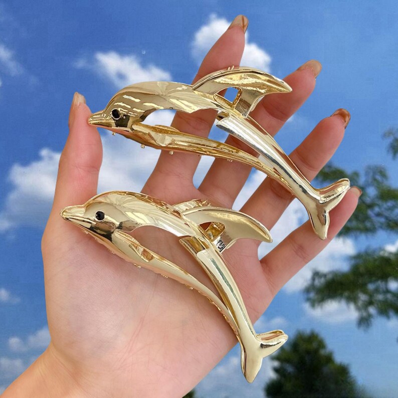 Pinza para el pelo de delfín de metal 3D: accesorio inspirado en el océano Two Gold Dolphin