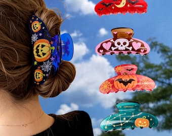 Pinza para el cabello de Halloween / Accesorio para el cabello con forma de calavera de calabaza y murciélago / Regalo de pinza para el cabello para ella