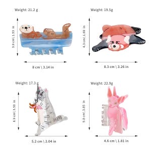 May include: Four animal-shaped hair claws made of resin. Top left: brown otter on blue base, 3.14 inches wide, 1.53 inches high, 21.2 grams. Top right: red panda, 3.26 inches wide, 1.69 inches high, 19.5 grams. Bottom left: grey cat, 2.04 inches wide, 3.50 inches high, 17.3 grams. Bottom right: pink fox, 1.81 inches wide, 3.85 inches high, 22.9 grams.