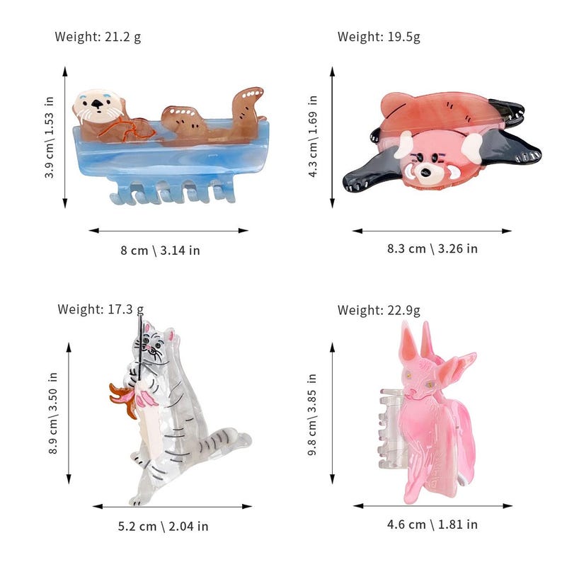 May include: Four animal-shaped hair claws made of resin. Top left: brown otter on blue base, 3.14 inches wide, 1.53 inches high, 21.2 grams. Top right: red panda, 3.26 inches wide, 1.69 inches high, 19.5 grams. Bottom left: grey cat, 2.04 inches wide, 3.50 inches high, 17.3 grams. Bottom right: pink fox, 1.81 inches wide, 3.85 inches high, 22.9 grams.