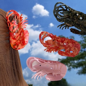 Pode incluir: Quatro presilhas de cabelo de pl&aacute;stico coloridas em forma de lagostas. As presilhas s&atilde;o nas cores vermelho, rosa, verde e preto. As presilhas t&ecirc;m um design detalhado e s&atilde;o perfeitas para segurar o cabelo no lugar.