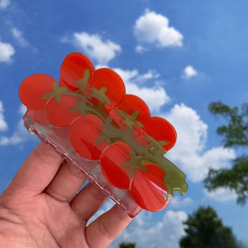 May include: A clear plastic hair clip shaped like a bunch of red tomatoes with green leaves.