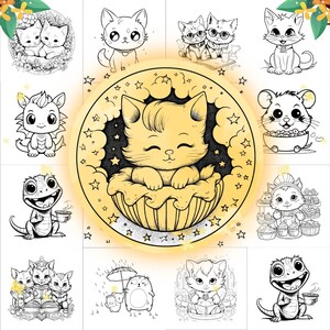 Puede incluir: Una p&aacute;gina para colorear con una variedad de ilustraciones de animales lindos. Los animales incluyen un gato, un drag&oacute;n, un lagarto, un h&aacute;mster y un unicornio. Las ilustraciones est&aacute;n en blanco y negro y est&aacute;n listas para ser coloreadas.