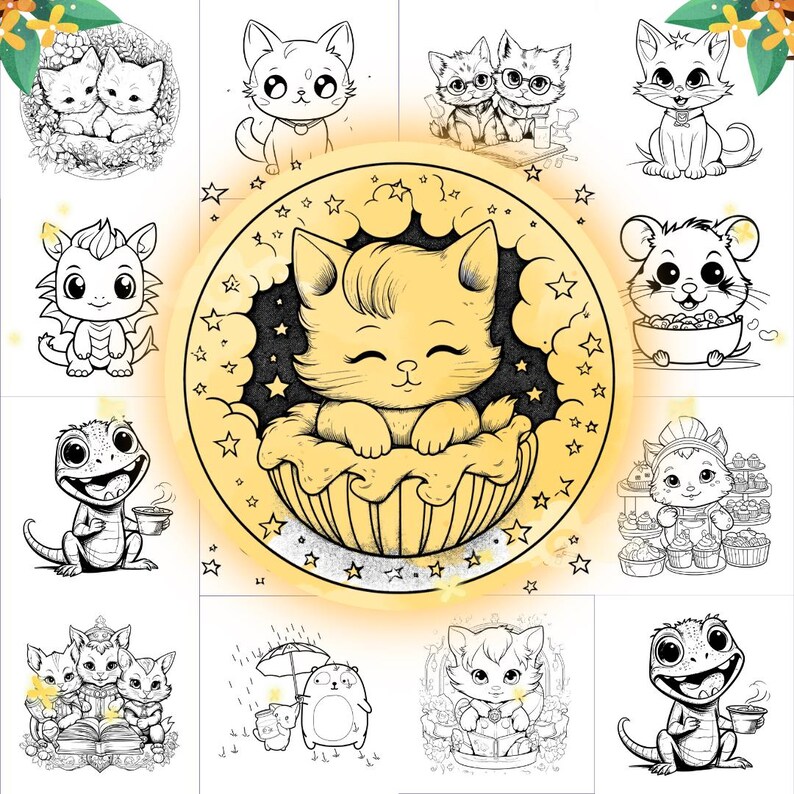 Puede incluir: Una p&aacute;gina para colorear con una variedad de ilustraciones de animales lindos. Los animales incluyen un gato, un drag&oacute;n, un lagarto, un h&aacute;mster y un unicornio. Las ilustraciones est&aacute;n en blanco y negro y est&aacute;n listas para ser coloreadas.