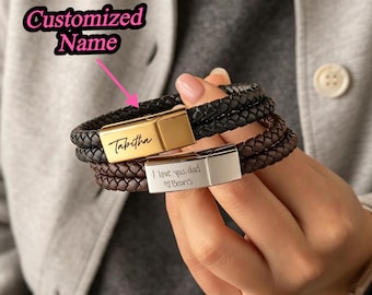 Men's Custom Woven Leather Wristband Customized Name Wristband Front and Back Customization Christmas Gift Father Day Gift Anniversary Gift