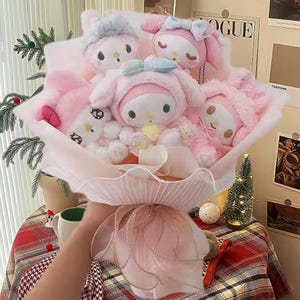 May include: A bouquet of pink and white plush toys in a pink and white paper bouquet. The toys are all different characters, including a bunny, a bear, and a cat.