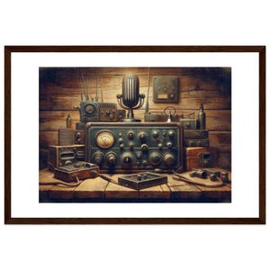 Op de afbeelding: Een ingelijste print met vintage radio-apparatuur. De afbeelding toont een centrale, donkergroene radio met talrijke knoppen en wijzerplaten, een microfoon en andere antieke apparaten. De achtergrond is een houten muur en tafel.