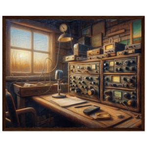 Op de afbeelding: Een vintage radiokamer met een houten bureau, een microfoon en een verzameling vintage radio's. De kamer heeft een raam met uitzicht op een veld en een zonsondergang.