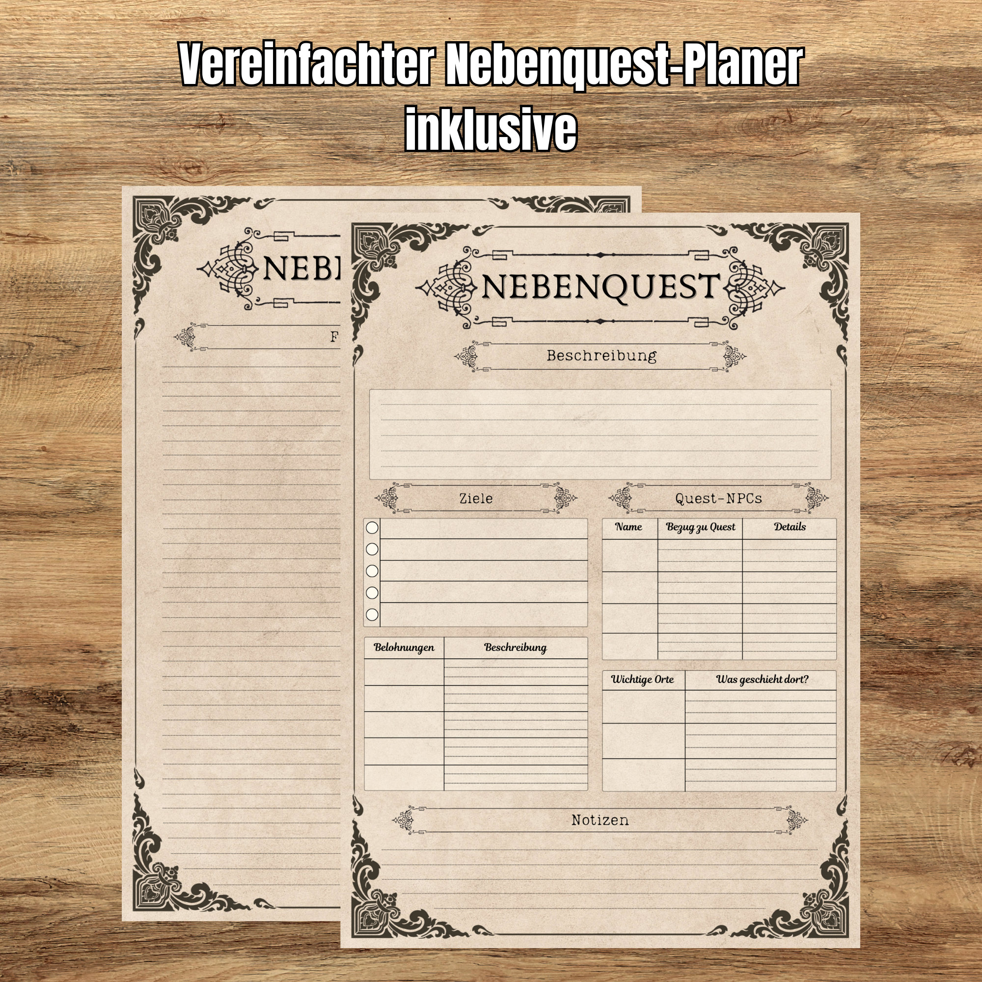 Dnd Quest Planner Main Quest and Side Quest German Printable and ...
