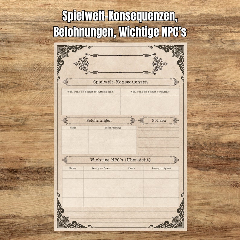 Dnd Quest Planner Main Quest and Side Quest German Printable and ...