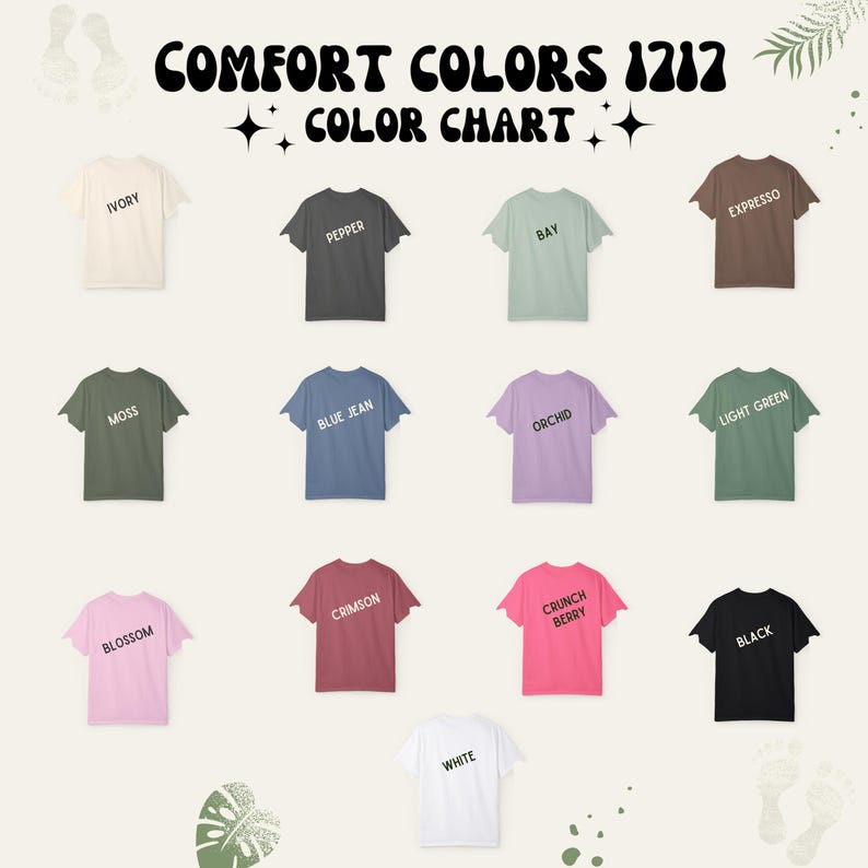 May include: A color chart featuring a variety of t-shirts in different colors, including ivory, pepper, moss, blue jean, blossom, crimson, white, crunch berry, orchid, bay, expresso, light green, and black. The text "COMFORT COLORS 1212 COLOR CHART" is displayed at the top.