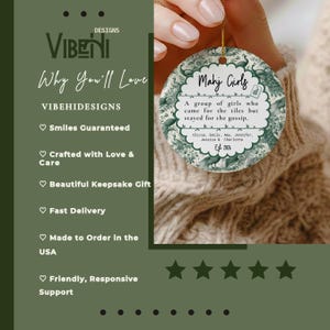 May include: A round ceramic ornament featuring a green and white peacock pattern. The center text reads Mahj Girls, A group of girls who came for the tiles but stayed for the gossip, followed by the names Olivia, Emily, Amy, Jennifer, Jessica, Charlotte, Est 2026.