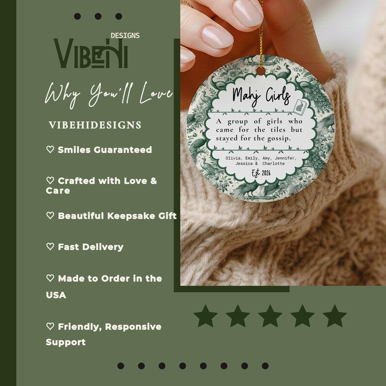 May include: A round ceramic ornament featuring a green and white peacock pattern. The center text reads Mahj Girls, A group of girls who came for the tiles but stayed for the gossip, followed by the names Olivia, Emily, Amy, Jennifer, Jessica, Charlotte, Est 2026.