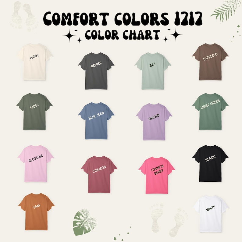 Może przedstawiać: Wzornik kolor&oacute;w Comfort Colors 1717 przedstawiający czternaście koszulek z kr&oacute;tkim rękawem w r&oacute;żnych odcieniach, w tym kość słoniowa, pieprz, zatoka, espresso, mech, niebieski dżins, orchidea, jasna zieleń, kwiat, karmazyn, crunch berry, czerń, biel i ignam.