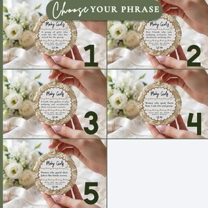May include: Five round ceramic ornaments with gold-toned edges, each featuring the text 'Mahj Girls' and unique phrases about mahjong players. The designs include decorative borders, names, and the year 2024, suspended by gold strings.