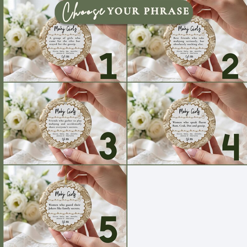 May include: Five round ceramic ornaments with gold-toned edges, each featuring the text 'Mahj Girls' and unique phrases about mahjong players. The designs include decorative borders, names, and the year 2024, suspended by gold strings.