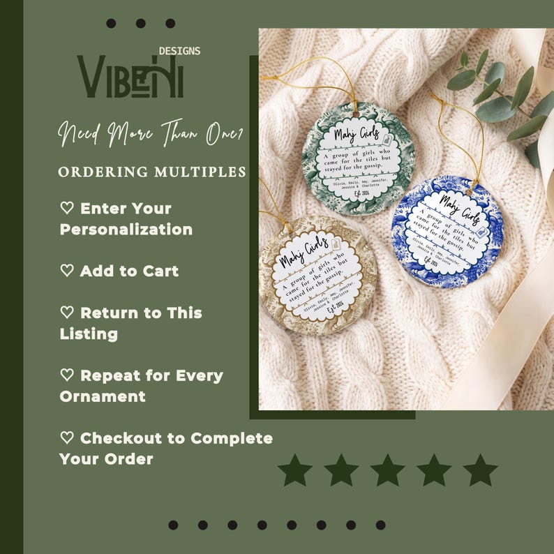 May include: Three round ceramic ornaments with scalloped edges, each featuring a floral pattern in green, blue, or beige. The text "Mahj Girls" and "A group of girls who came for the tiles but stayed for the gossip" is printed on each ornament.