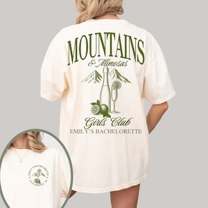 Mountains and Mimosas Bachelorette Shirt, Custom Camp Bach Tee, Hiking Bridal Party Shirt, Cabin Girls Trip T-Shirt, Mimosa Bride Gift.