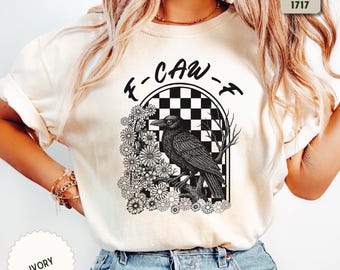 Raven Crow  F-CAW-F Funny Halloween Shirt, Gothic Floral Checkered Tee, Spooky Raven Meme T-Shirt
