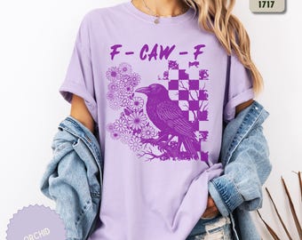 Crow Raven F-CAW-F Funny Halloween Shirt, Gothic Floral Checkered Tee, Spooky Raven Meme T-Shirt.