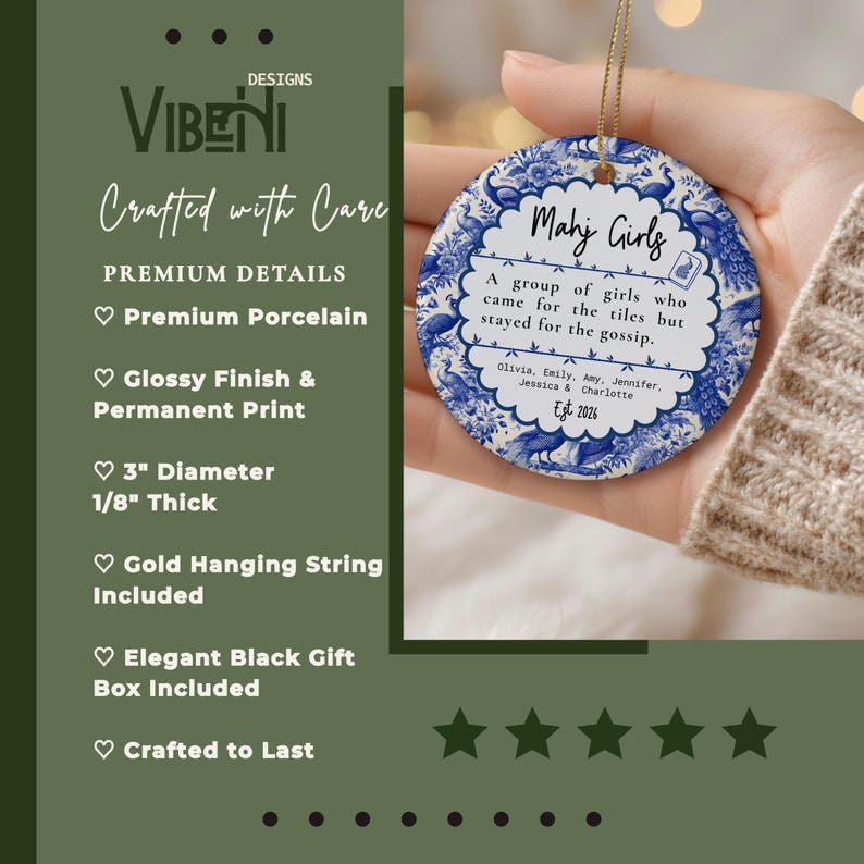 May include: A round white porcelain ornament with a blue floral pattern and a scalloped center. The text reads Mahj Girls, A group of girls who came for the tiles but stayed for the gossip, Olivia, Emily, Amy, Jennifer, Jessica, Charlotte, Est 2026.