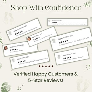 May include: An image with the text "Shop With Confidence" and customer reviews. The reviews are on white cards with 5-star ratings and positive comments. The bottom of the image reads "Verified Happy Customers & 5-Star Reviews!"