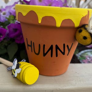 Winnie the Pooh-Inspired “Hunny” Bee Planter Pot – Hand-Painted Terracotta Pot with Felt Bee & Honey Dipper Centerpiece (6 inch)
