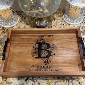 Personalized Acacia Wood Serving Tray with Initial and Name